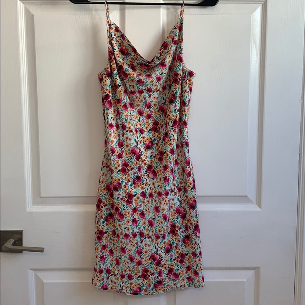 satin cowl neck floral mini